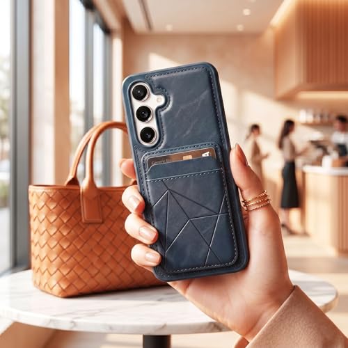 Image of amazon basics Premium Vegan Leather Back Cover with Card Holder and Integrated Mobile Stand for Samsung Galaxy S24FE 5G - Slim Shockproof Wallet Case with Geometric Stitching [Blue]