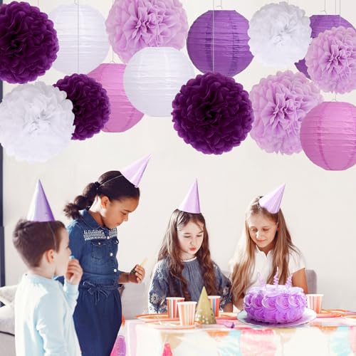 Purple Birthday Party Decorations Paper Lanterns and Pom Poms 15pcs Set for Baby Shower Wedding Bachelorette Valentine’s Day Graduation, Hanging Ceiling and Room Decor — view 2