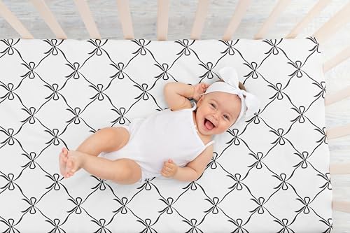 Image of Sweet Jojo Designs Fitted Baby Crib Sheets (Black Bows) for Girls, Infant Nursery, Toddler Room - Standard Size (Black and White Bow for the Shabby Chic, Ballet, Dancer, Ballerina Princess Collection)