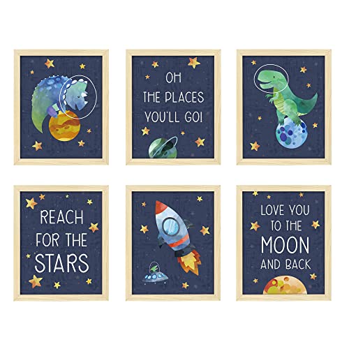 Image of ArtbyHannah 6 Pack 8x10 Inch Framed Nursery Wall Art Decor with Wood Frame and Moon Animals & Letter Prints for Playroom, Kids Children Room Bedroom Decoration