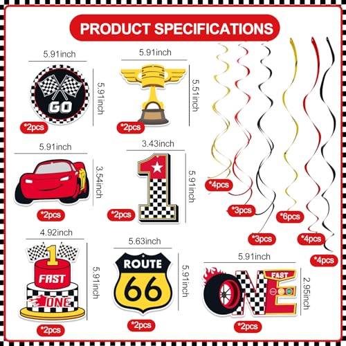 Image of Black Red Yellow 1st Birthday Hanging Swirl Decorations-Race Car Ceiling Streamers,Race Car Theme Party Supplies,Party Favors(38 Pcs)