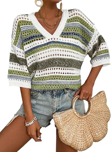 Image of Acelitt Crochet Tops for Women Summer Short Sleeve Sweater