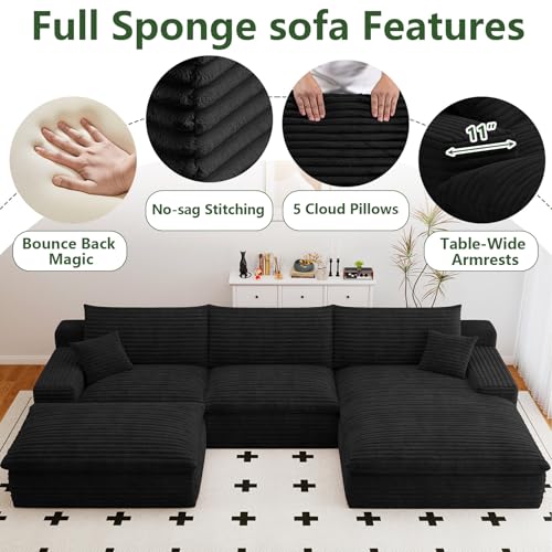 Image of 107 inch Cloud Couch Modular Sectional Sofa for Living Room, U-Shape Boneless Couch with Deep Seat, Modern Corduroy 3-Seater with Ottoman, No Assembly Required (Black,Right-Facing Chaise)