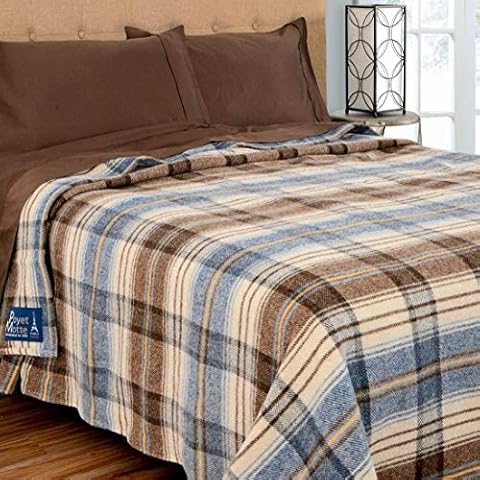 Poyet Motte Chevreuse Heavyweight Wool Blend Oversized Blanket, Machine Washable (Full/Queen Size, Blue Stripe) Cover
