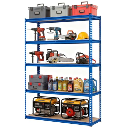 Image of GarveeTech 5-Tier Heavy Duty Storage Shelves, 2500 LBS Capacity Metal Shelving Unit with MDF Board, 48 inch W x 18 inch D x 72 inch H Adjustable Garage Shelving for Basement and Warehouse, High Gloss Blue