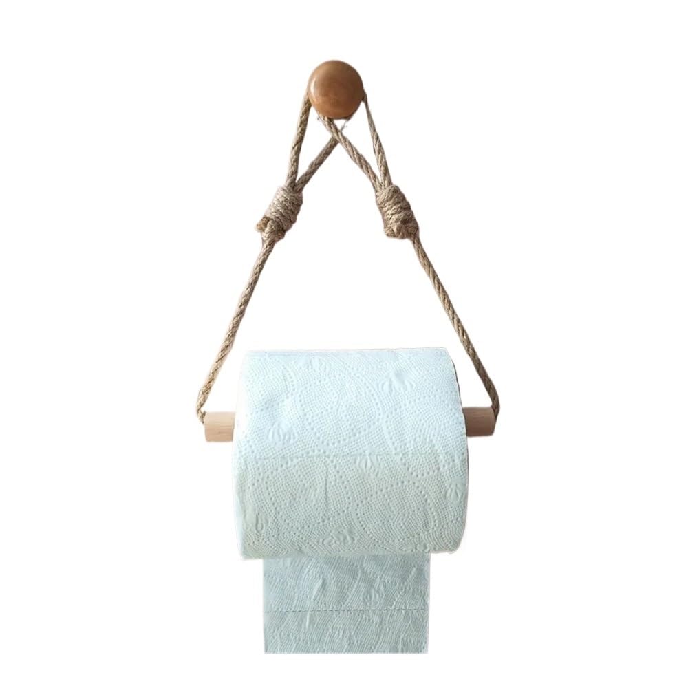Aimanqi 1Pc Wall-Mounted Rustic Hemp Rope And Wooden Stick Toilet Paper Holder Decorative Bathroom Tissue Dispenser Toilet Paper Storage(1Pc)