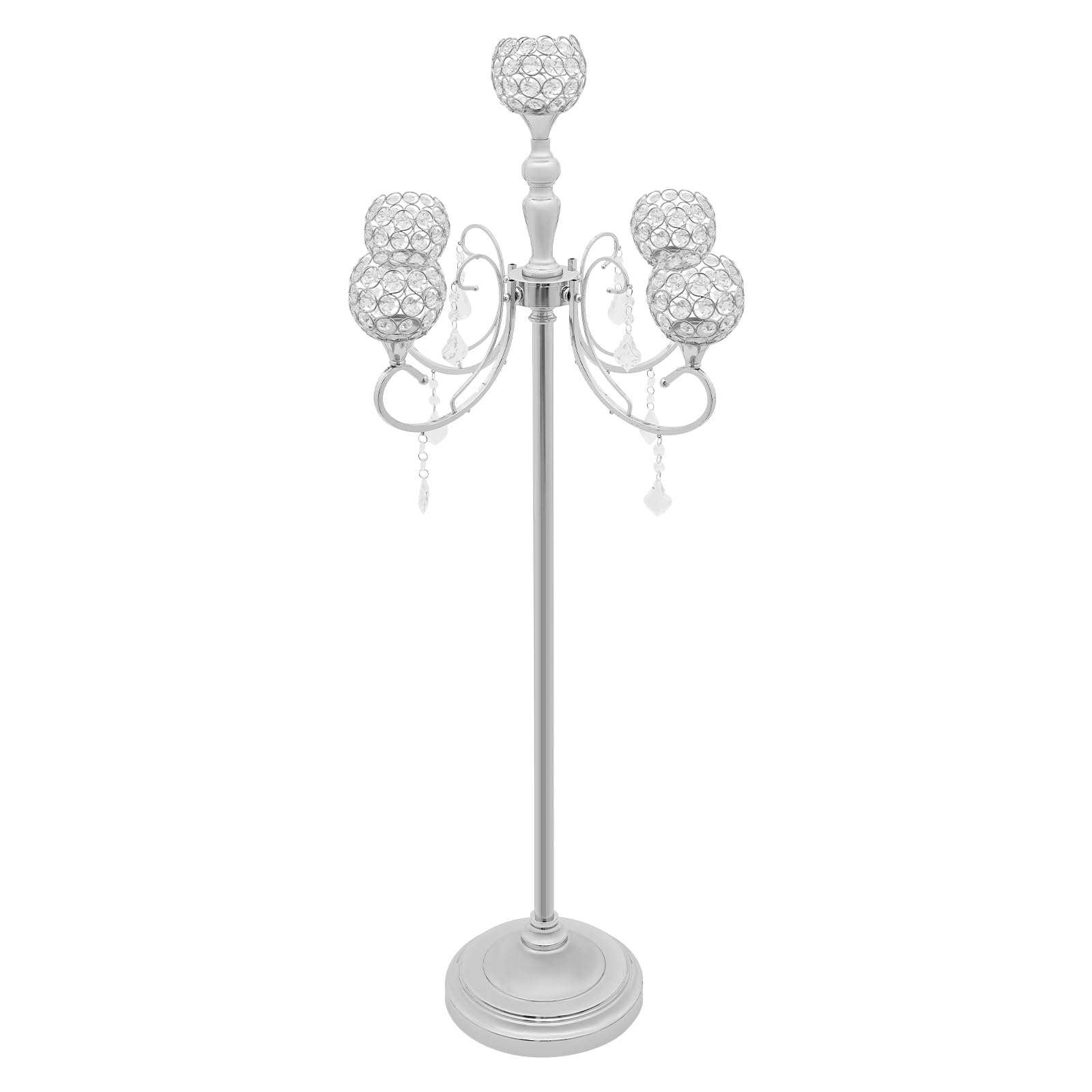 DYNAMI 5 Arm Crystal Candelabra Centerpiece,49.2in Tall Floor Candelabra with Crystal Candle Holder Bowl,Silver Centerpiece Table Decorations,for Home Wedding Anniversary Dinner Party