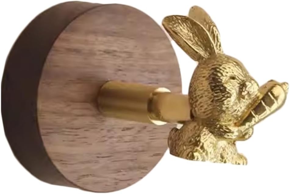 Wall Mounted Curtain Hooks,Brass Curtain Hooks,Decorative Hooks for Wall, Rabbit Brass Hook with Wood Base,Vintage Wall Hooks Coat Hooks for Hanging Coats(5.5 * 5.9 * 5.5cm)
