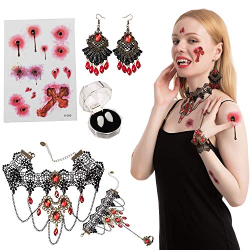 JOYIN 8 Pcs Gothic Vampire Costume Accessories Set with Vampire Fangs Teeth (Adhesive Included), Earrings, Gothic Necklace Choker, Bracelets and Tattoo Scar for Zombie Vampire Dress-up