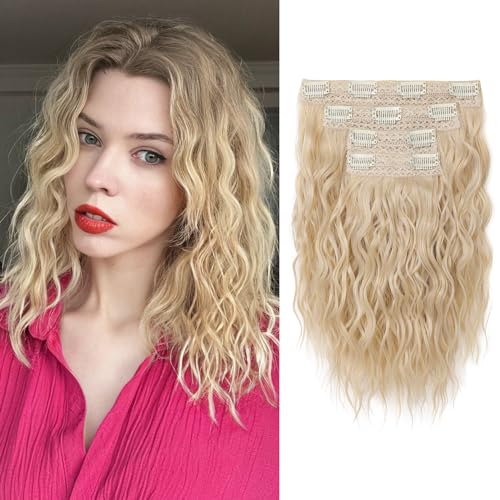 REECHO Clip in Hair Extensions, 4PCS Hair Extensions 12' Short Curly Wavy Blonde hair extensions...