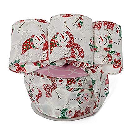 Image of Holiday Wired Christmas Tree Ribbon - 2 1 /2 inch x 10 Yards, Shiny Snowmen with Red Hats and Scarves on White Polyester Ribbon, Garland, Gifts, Wreath, Bows