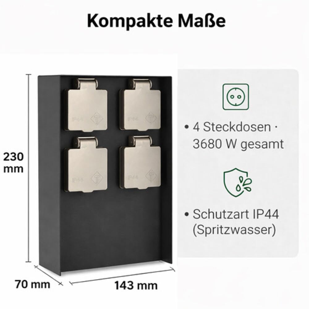 LED Universum Gartensteckdose 4-fach, Steckdosensäule aus Edelstahl, anthrazit, IP44 spritzwassergeschützt, 3680 W Gesamtleistung, kompakt 70 x 143 x 230 mm, Federklappdeckel für außen