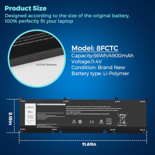 Image of 8FCTC Battery Replacement for Dell Alienware M15 R3 R4 R5 R6 R7 M17 R3 Precision 5550 5560 5570 XPS 15 9500 9510 G15 5520 5510 Vostro 7510 7620 Series SB10T83121 56Wh