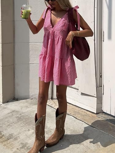 Image of Women Y2k Plaid Short Dress Sleeveless Tie Shoulder Backless Flowy Babydoll Gingham Mini Dress Casual Cute Streetwear