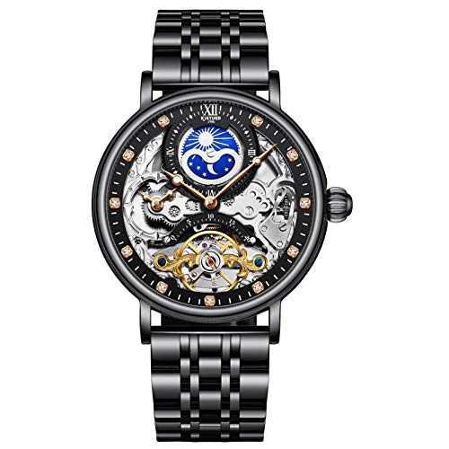 PUFYA Montre Homme Mécanique Automatique Noir Acier Inoxydable Squelette Etanche Montres avec Chiffres Romains Cadran en Diamant,Noir