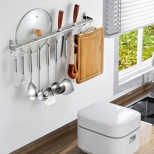 Portautensili da cucina in acciaio inox, con design a doppia guida, ganci mobili per risparmiare spazio, ideale per utensili da cucina
