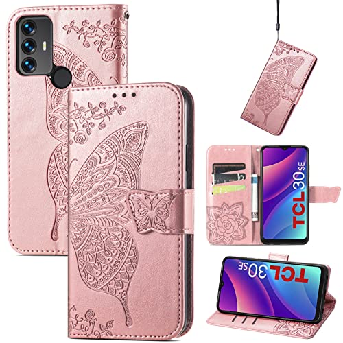 JIUNINE Coque pour TCL 30SE / TCL 305 / TCL 306, Antichoc Housse étui en Cuir PU Flip Case Portefeuille à Rabat avec Motif Papillon [Porte Carte] [Fermeture Magnétique] pour TCL 30 SE, Or Rose Cover