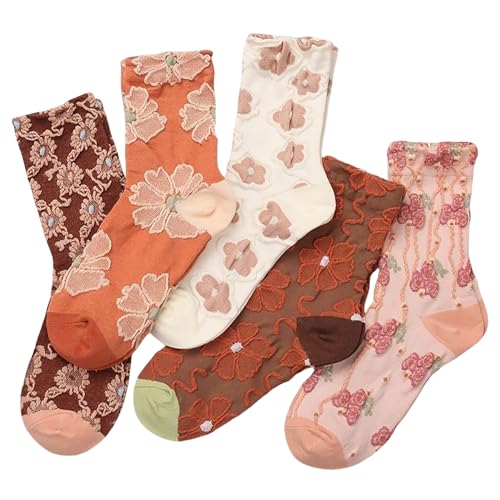 Mid Tube Crew Socks with Lace Ruffled Cuffs Delicate Embroidered Floral and Ruffle Designs Assorted Colors Pack of 5 Suitable for Women's Size 5-10
