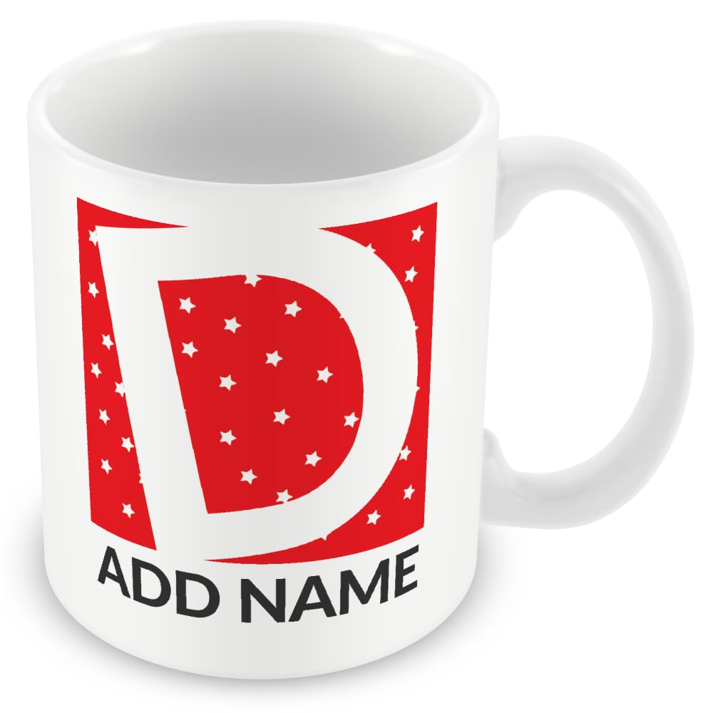 MUGGZ Personalised Initial & Name Mug – Custom Letter & Name Coffee Cup – Red & White Stars Pattern – Unique Custom Monogram Gift for Friends & Family – Birthday, Christmas, Office & Home