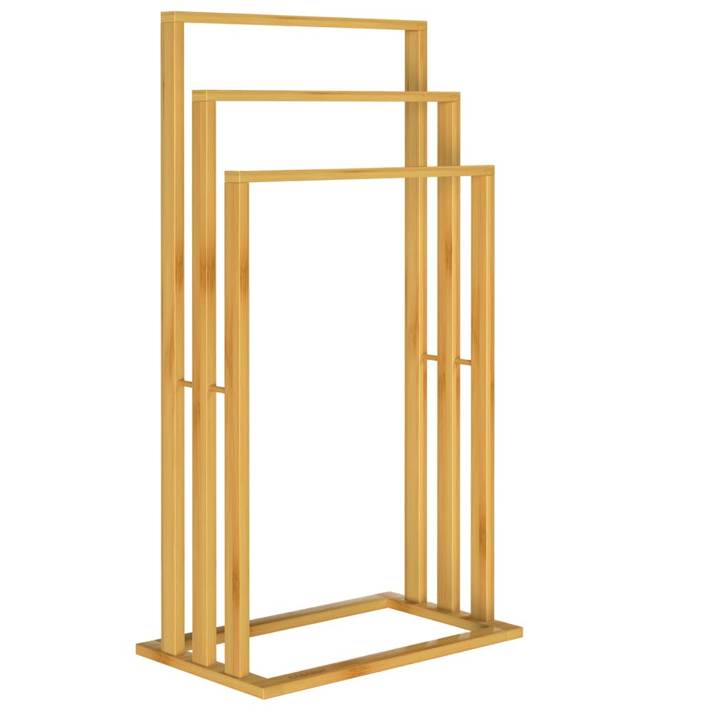 Porte-Serviettes en Bambou sur Pied avec 3 Barres Étagère de Salle de Bain Support pour Serviettes Charge Max 15 kg