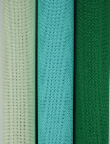 Image of KCS 3 pc of 15 inch x 18 inch(38cmx45cm) Counted Cross Stitch Cotton Aida Cloth Needlework Rolled Fabric Box,14CT,Light Green+Green+Sea Green
