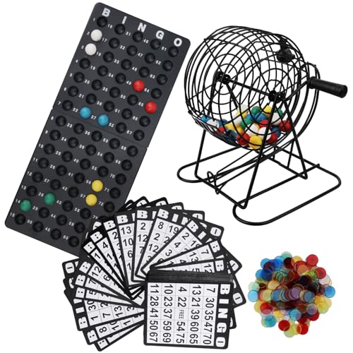 URbazaar Bingo Game Set 8.2 Inch Tall Metal Cage with Master Board 75 Calling Balls Colorful Bingo Chips Bingo Cards Complete Bingo Game Set Ideal for Large Groups Parties Family Board Game