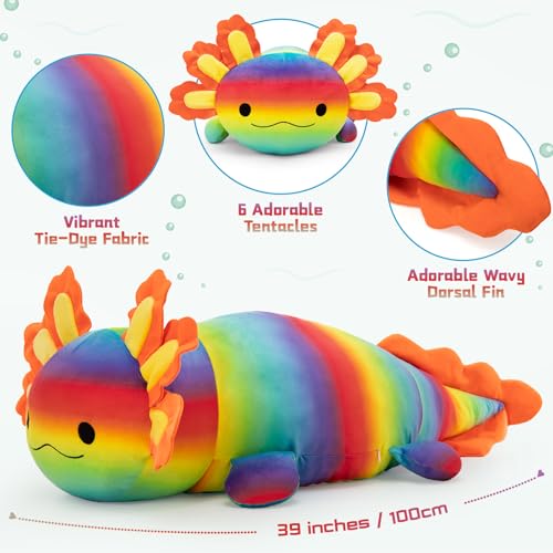 Image of BENINY Large Axolotl Plush Toy, 39 inch Giant Axolotl Stuffed Animal Plush, Big Huggable Toys Gift for Girls Kids, Long Squishy Pillow for Holiday Birthday Christmas, Rainbow