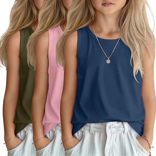 LessonZoo 3 Pack Girls Tank Tops Kids Sleeveless Crew Neck Shirts Summer Loose Fit Top Casual Basic Tees 5-14 Years(Army Green Pink Denim Blue 11-12 Years)
