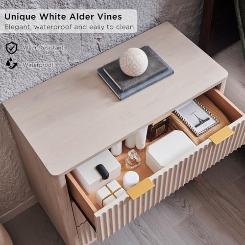 Image of T4TREAM Fluted 3 Drawer Dresser, 32 inch Tall Modern Chest of Drawers, Curved Profile Design, Wood Drawer Organizer for Bedroom, Living Room, Hallway, Entryway, White Alder