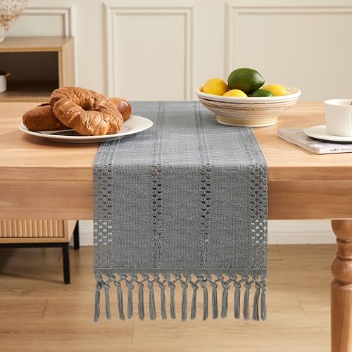 Image of ZeeMart Macrame Style Boho Table Runner, 12x36 Inch Light Blue Grey | Woven Boho Table Runner with Handmade Tassels, Crochet Hollow Table Scarf, Farmhouse Kitchen Home Decor Dresser Runner