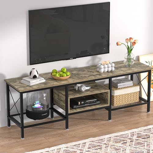 Image of VECELO Industrial TV Stand for 70 Inch Television Cabinet 3-Tier Console with Open Storage Shelves, Entertainment Center Metal Frame for Living Room, Bedroom, 63 Inch, Light Grey