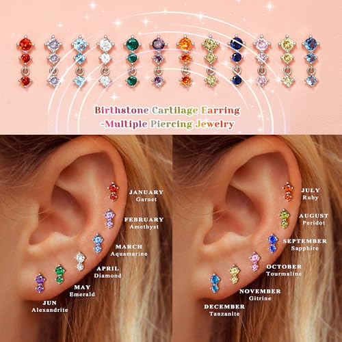Lolias Dainty 3 Pairs Flat Back Earrings Studs 18G-Hypoallergenic Cartilage Earring Sets For Multiple Piercing-Minimalist Cz Birthstone Drop Dangle Earrings Internal Thread Flatback Earring Stacks For Conch Tragus Helix Piercing Jewelry Silver Peridot thumb #6