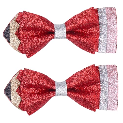 Back To School Hair Bow for Girls, Glitter Pencil Hair Clips Non Slip Alligator Clips Sparkly Hair Accessories for First Day of School, Holiday, Students - Red
