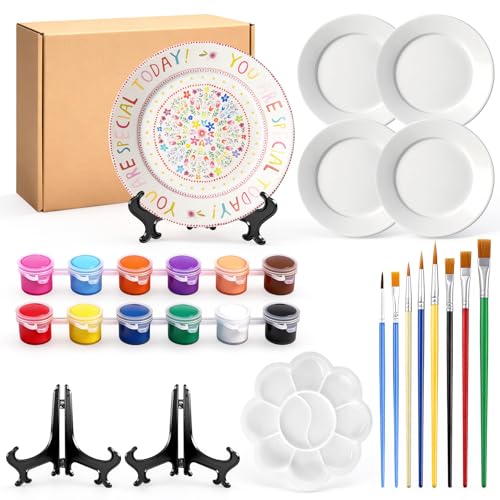 JAOJAO Plate Painting Kit Paint Your Own Ceramic Includes 4 Porcelain Plates 12 Paints 8 Paint Brushes 2 Stands 1 Palette Ceramic Plates to Paint for Easter Creating Practical Art Perfect Gift