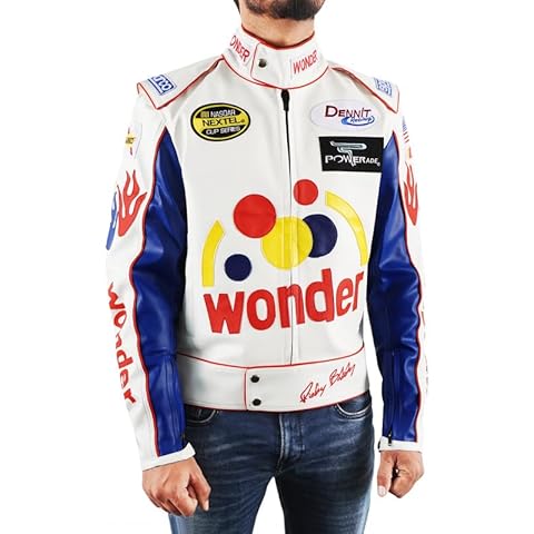 Spazeup mens White Patches Leather Racing Biker Coat, Faux Leather, Medium Cover
