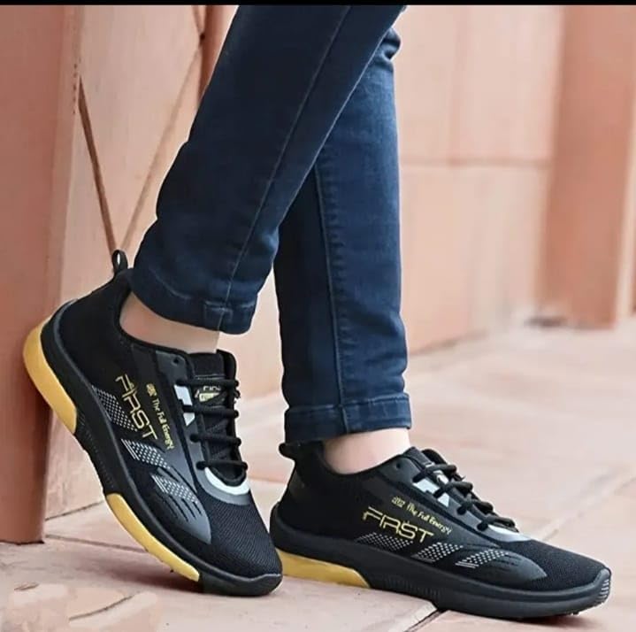 AMFEET Men's Running Sports Shoes Comfortable Sneaker Shoes for Men (Golden Black, UK Footwear Size System, Adult, Men, Numeric, Wide, 8) 3