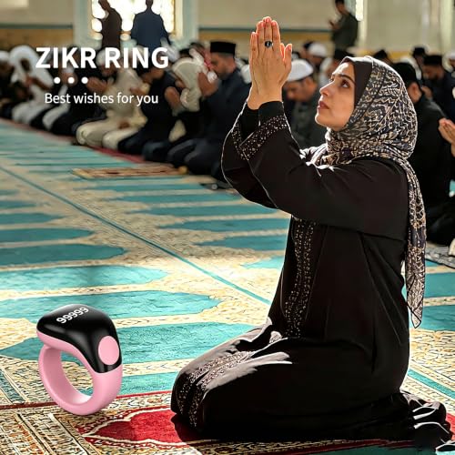 Image of Smart Tasbih Zikr Ring,Adjustable(18 /20 /22mm) Muslim Digital Azan Alarm Clock Counter,APP Support Digital Counter Prayer Reminder Rings, Waterproof 5 Digit Finger Counter for Muslims(Pink)