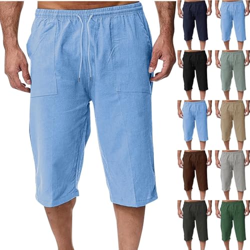 Muscularfit Mens Linen Shorts Capri Pants Baggy Drawstring Elastic Waist Beach Summer Cotton Linen Athletic Shorts Pockets