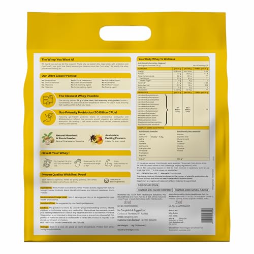Image of Tata 1mg Ultra Clean Whey Protein Isolate + Concentrate - Natural Mango 1kg | 24g Protein, 5.6g BCAA & 30B CFU Probiotics-28 Sachets