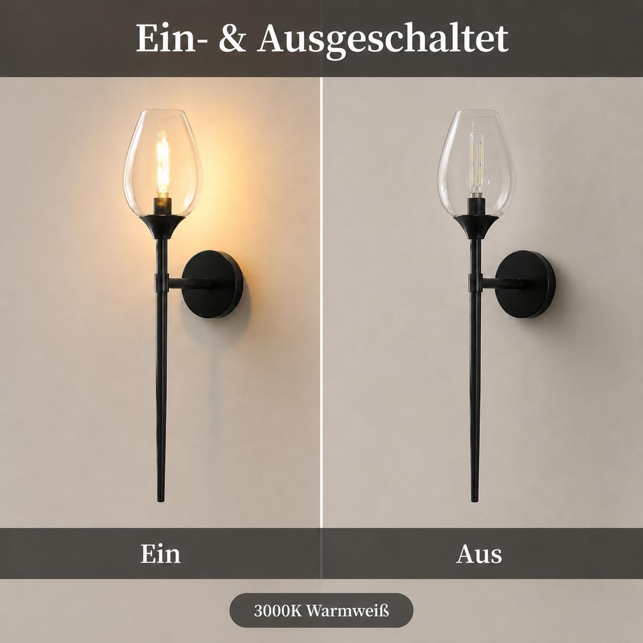 Wandleuchte Innen Glas Modern Weinglas E14 Schwarz Tulpenform | Verkabelte Wandleuchte mit Warmweiß-Leuchtmittel, für Spiegel, Badezimmer, Wohnzimmer, Schlafzimmer und Flur