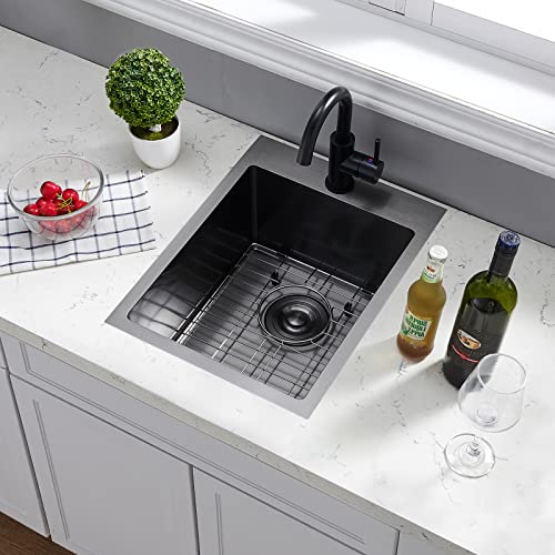 Image of SHACO 15x20 Inch Black Drop In Bar Sink, 15 Inch Top Mount RV Kitchen 16 Gauge Stainless Steel Sink for Small Kitchen Wet Bar Prep RV Yard Office Laundry with Dish Grid & Drain, Gunmetal Black