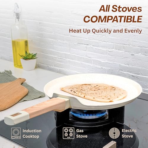 Image of Kreme Ceracook Ceramic Coated Granite Flat Tawa 28cm, ISI Certified Dosa Tawa, Forged Aluminium Body, Gas & Induction Compatible, Non Toxic Tawa PFAS & PTFE Free, 1 Year Warranty, Ivory