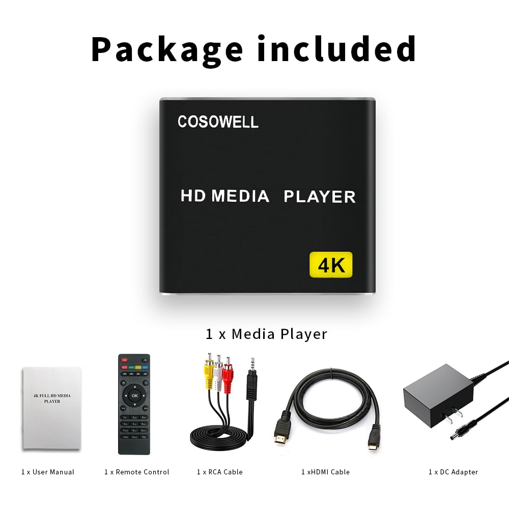 4K Media Player für USB-Laufwerk & SD, Ultra HD Digital Signage Player mit HDMI/AV Ausgang, H.265 H.264 MKV MP4 Video, MP3 Musik, JPG Foto, Auto Play & Resume, Loop Playback
