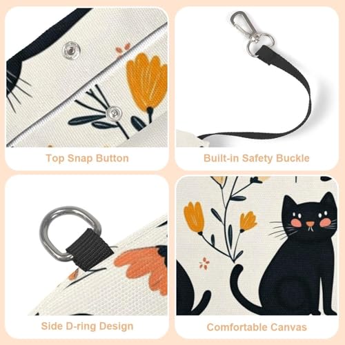 Sac de transport en toile imprimé fleurs chats noirs pour balades urbaines et visites