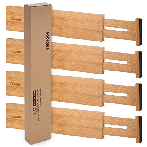 Image of Fabsome Drawer Divider 4 Pack, Adjustable Bamboo Drawer Organizers for Clothing, Wooden Dresser Drawer Organizer Separator for Clothes, Kitchen, Office, 13.25-16.75 in