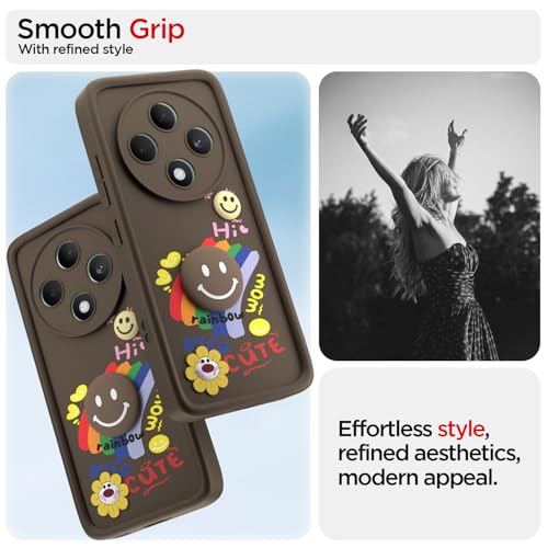 Image of Pikkme Back Cover for Oppo F27 5G | Soft Silicone| Cute Rainbow Smile & 3D Cartoon Flower Design | Shockproof Raised Camera Protection Bumper Case (Brown)