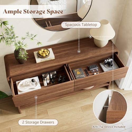 Image of AMERLIFE 55 inch Modern Console Table with 2 Storage Drawers and Open Shelf, Wooden Entryway Table with Curved Edges, Sofa Table Behind Couch for Hallway, Foyer, Entrance, Living Room, Brown