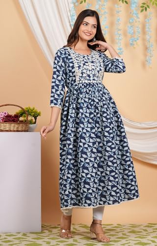 Image of purple sky Women's Cotton Blend Printed Anarkari Suit with Lucknowi Work on Neck