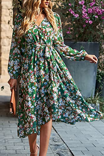 Image of PRETTYGARDEN Women's Floral Boho Dress Fall Long Sleeve Wrap V Neck Ruffle Flowy Maxi Spring Wedding Guest Vacation Dresses