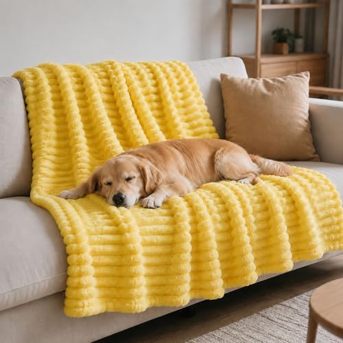 Emotional Support Blanket for Dogs Yellow Dog Blanket Calming Security Pet Blanket Soft Faux Rabbit Fur Washable Anxiety Relief Dog Blankets for Kennel Sofa (Yellow 27x39in)